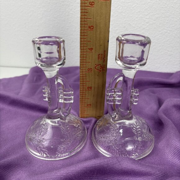 Vintage Pair Glass Taper Candle Holders Trumpet Bugle Shaped Floral Etched - Picture 4 of 5